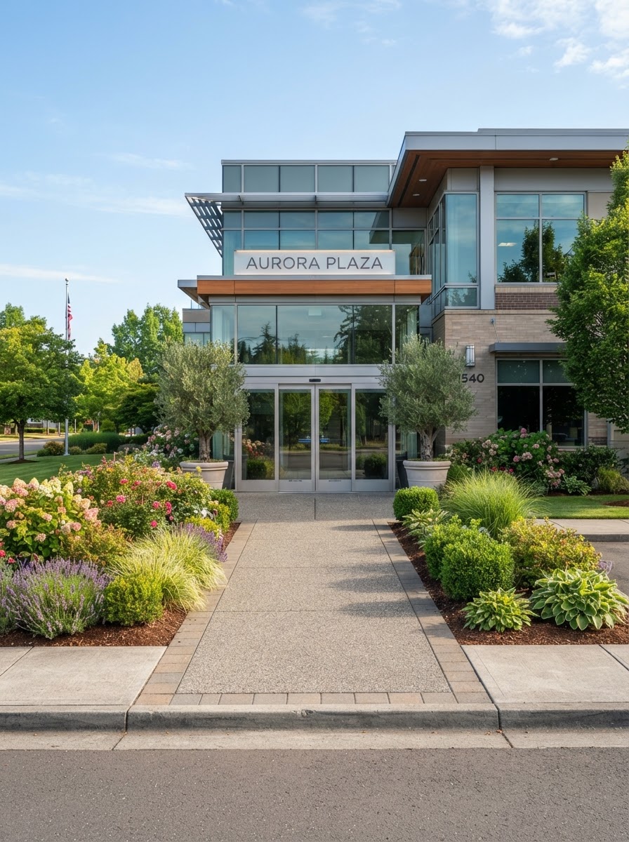 A tidy commercial property frontage with manicured beds and clean entry