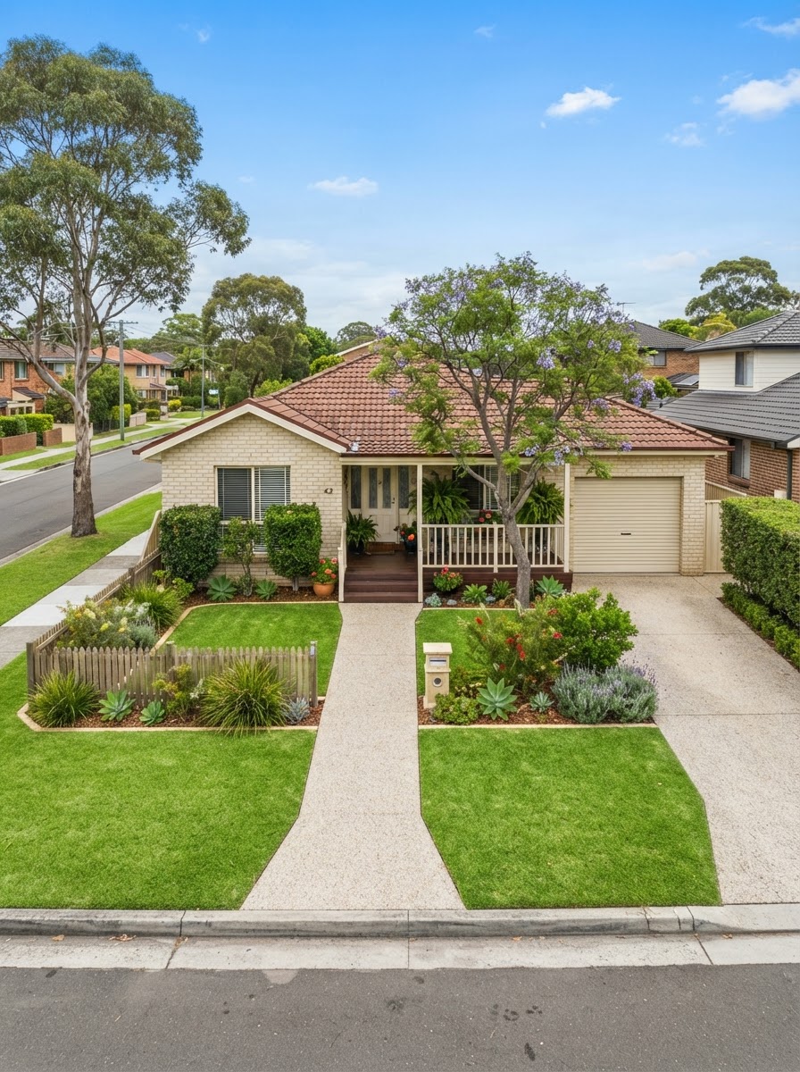 A tidy residential property frontage with swept path and edged lawn