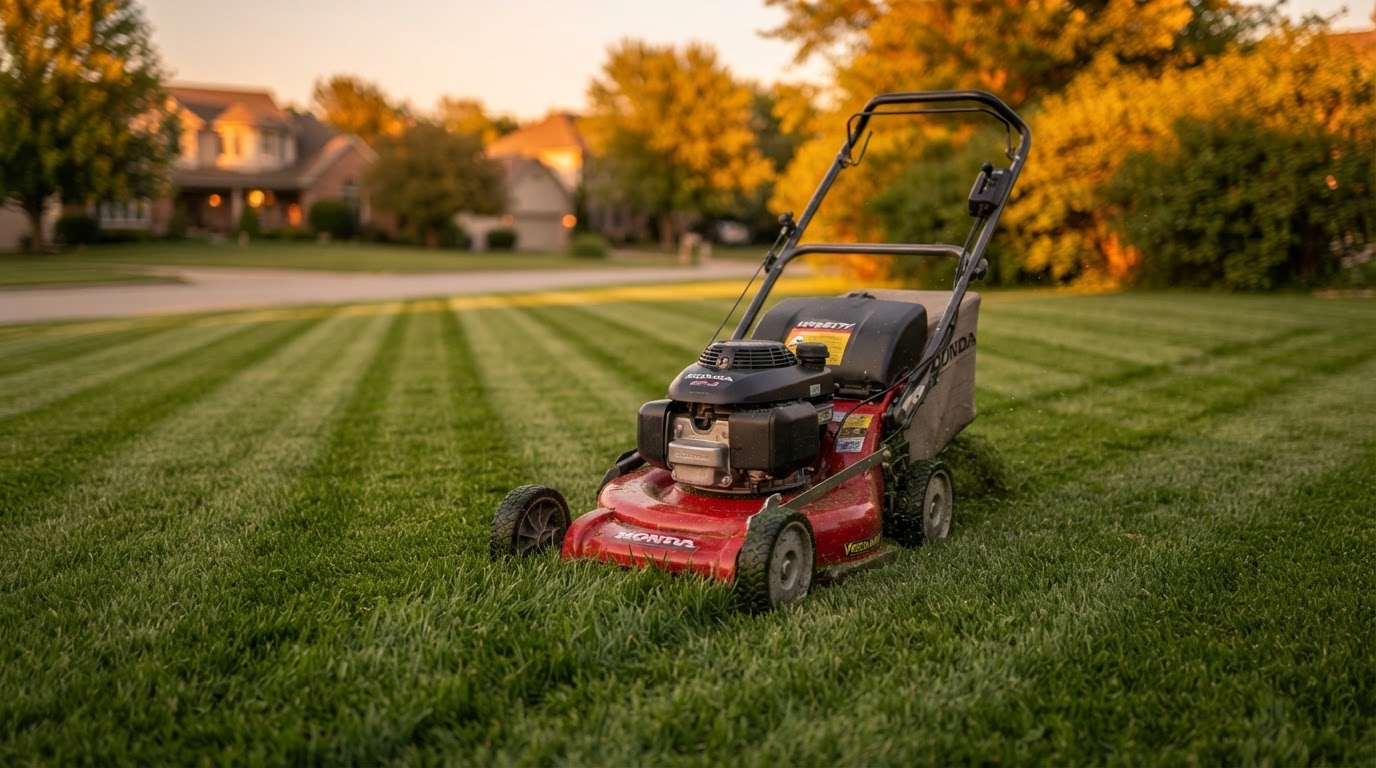 Lawn mower on a striped suburban lawn at golden hour in Ardeer Melbourne's west