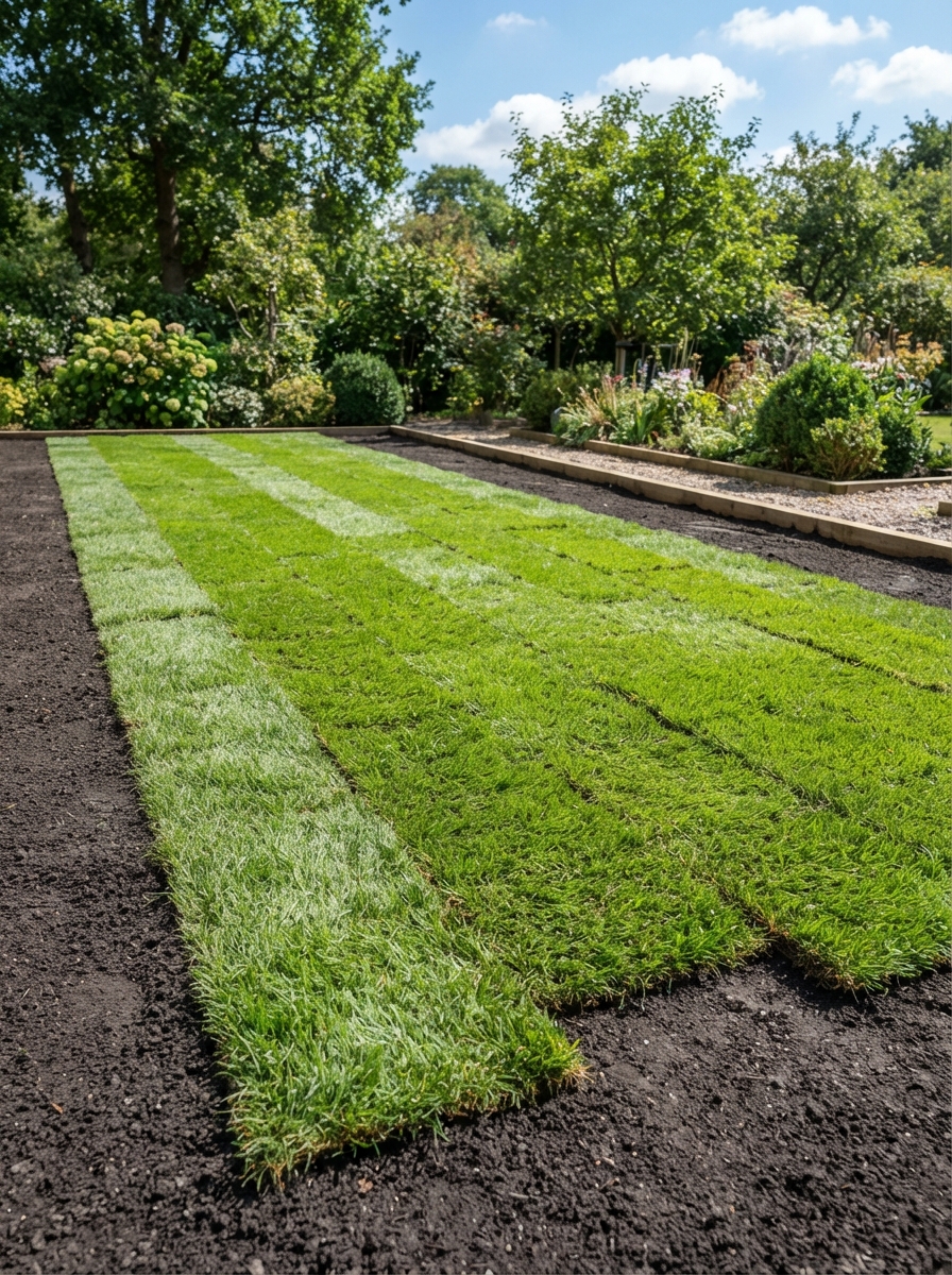 Fresh green turf rolls laid with tight staggered joins on levelled soil