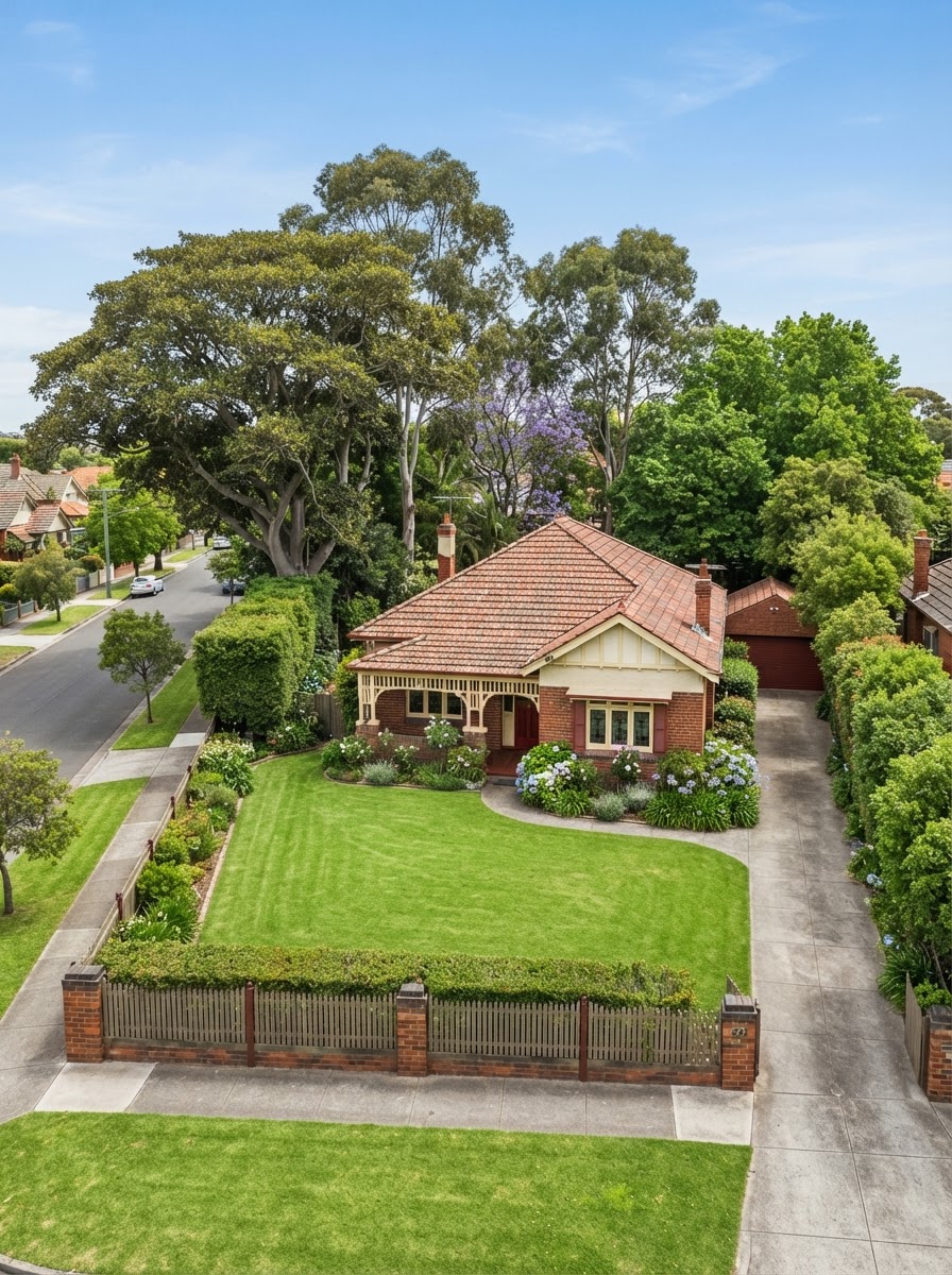 Larger suburban block with mature trees and mown lawn in Newport Melbourne's west