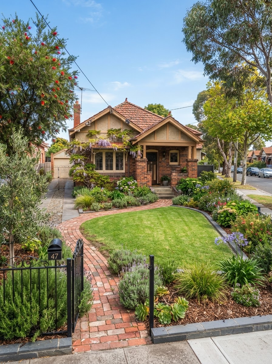 Compact interwar bungalow front yard with small tidy lawn in Kingsville Melbourne's west