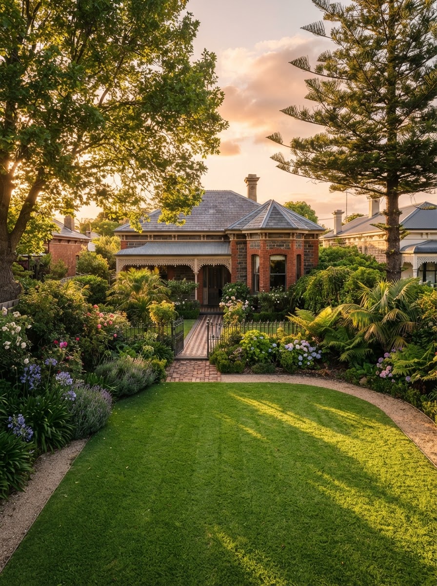 Heritage garden with mature trees and mown lawn in Williamstown Melbourne's west