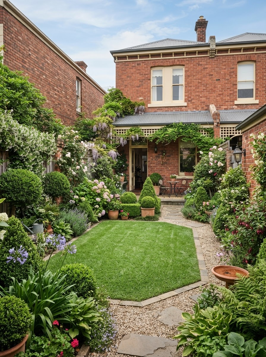 Cottage courtyard garden with small neat lawn in Seddon Melbourne's west
