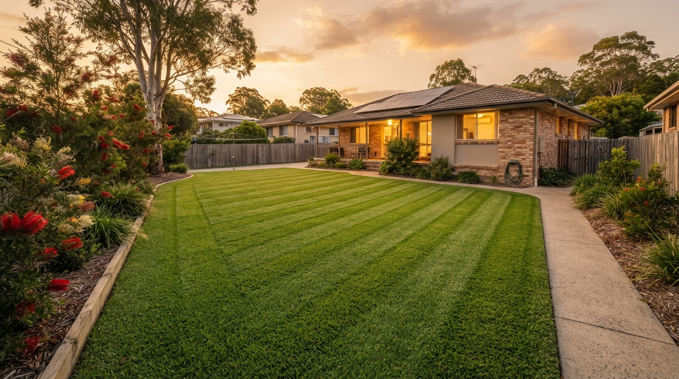 Freshly mown lawn at golden hour in Ardeer Melbourne's west
