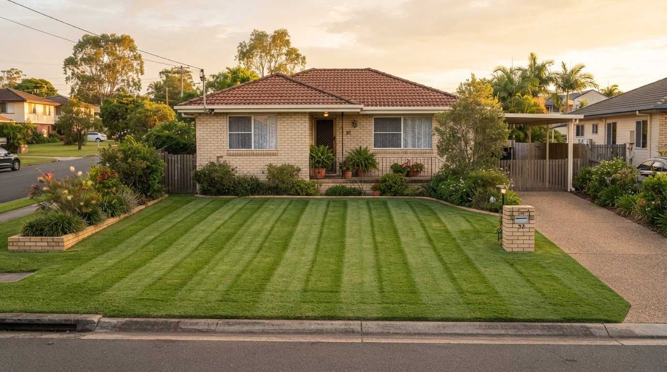 Freshly striped lawn in front of a suburban home at golden hour in Ardeer Melbourne's west