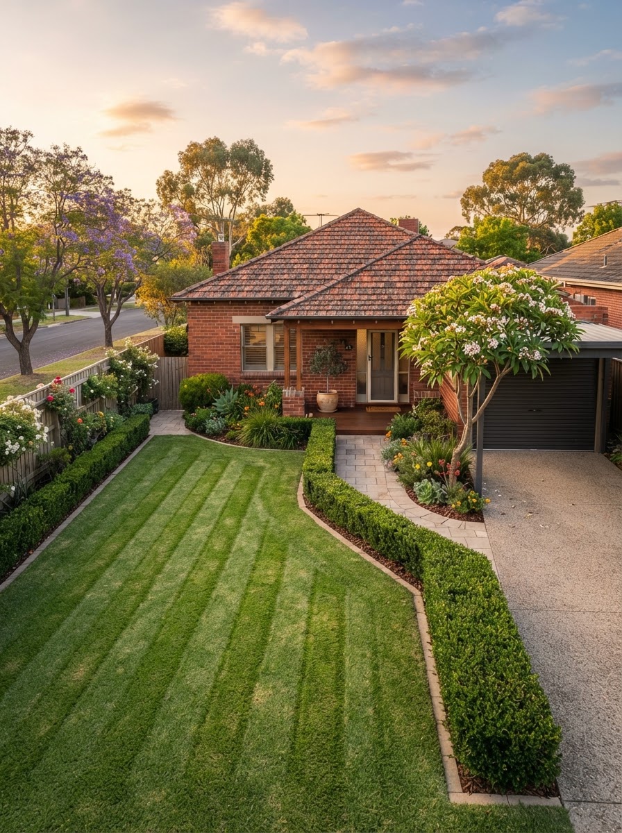 Well maintained Australian suburban front yard with striped lawn in Ardeer Melbourne's west