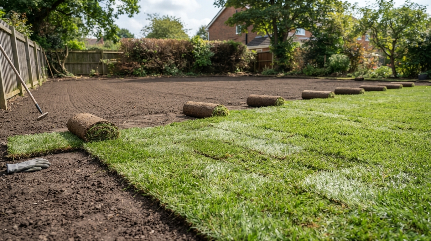 Fresh turf rolls being laid on prepared soil in Caroline Springs Melbourne's west