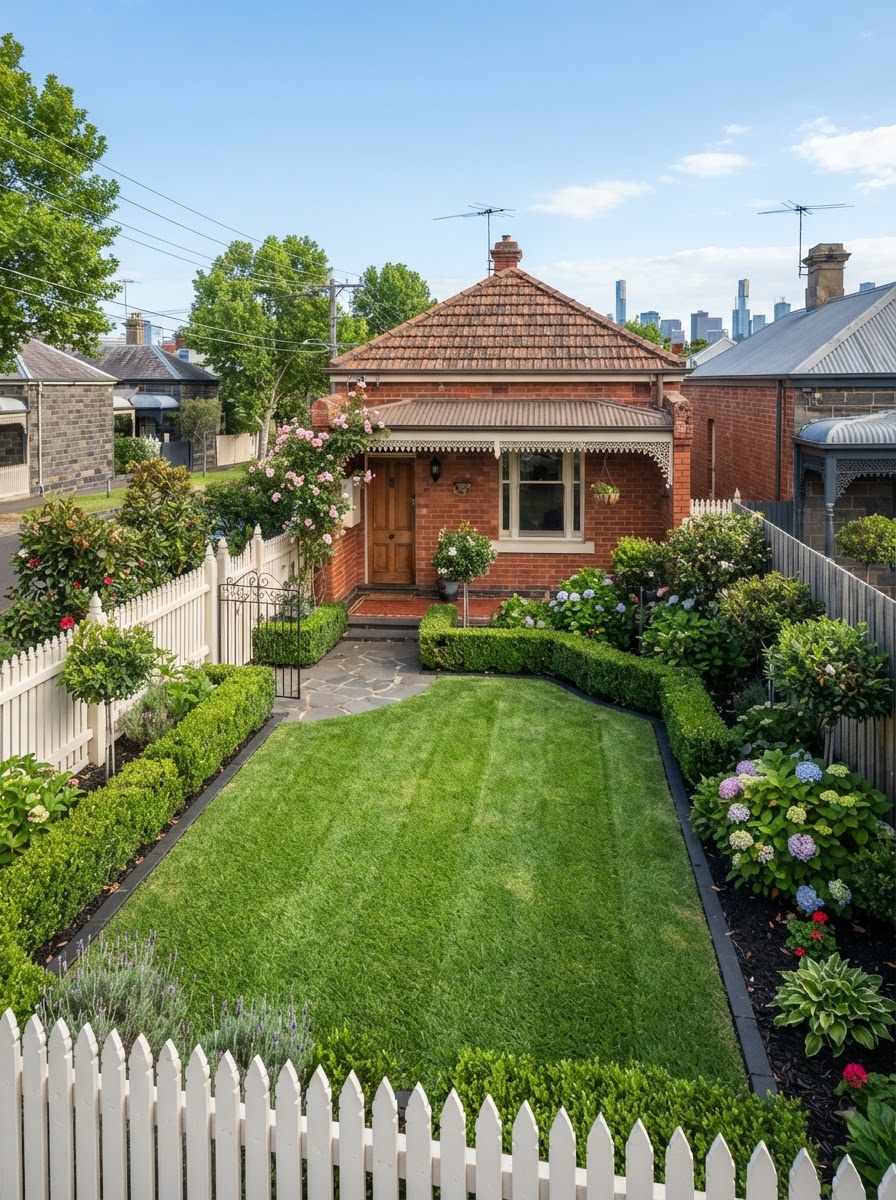 Small neat cottage front yard with tidy mown lawn in Yarraville Melbourne's west