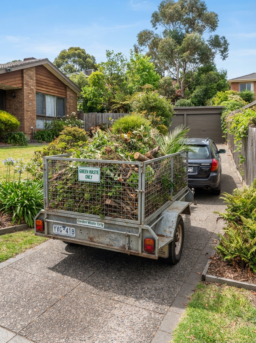 A trailer loaded with sorted green waste and prunings