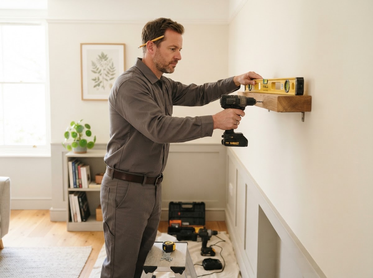 Tradesman installing a wood shelf with no brand logos on uniform