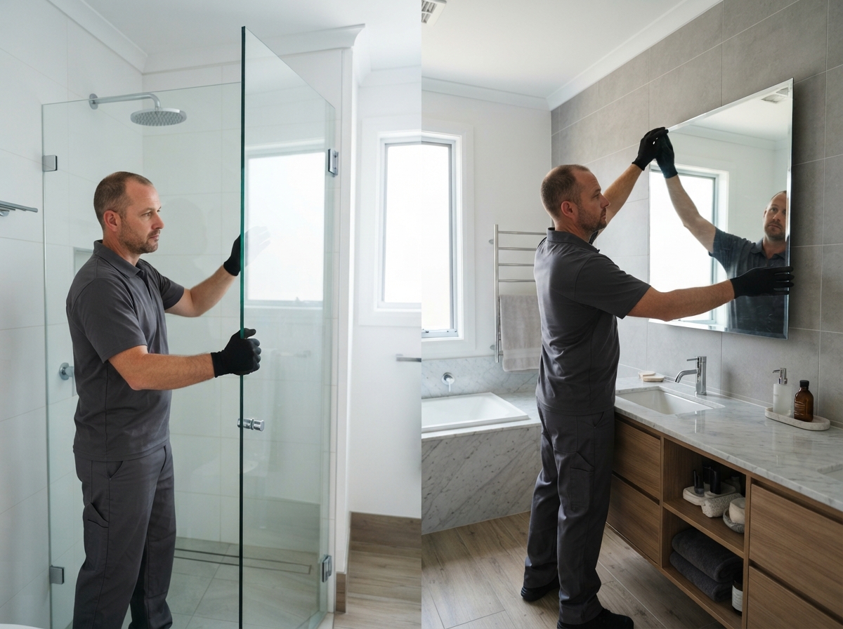 Man installing custom frameless shower door and wall mirror