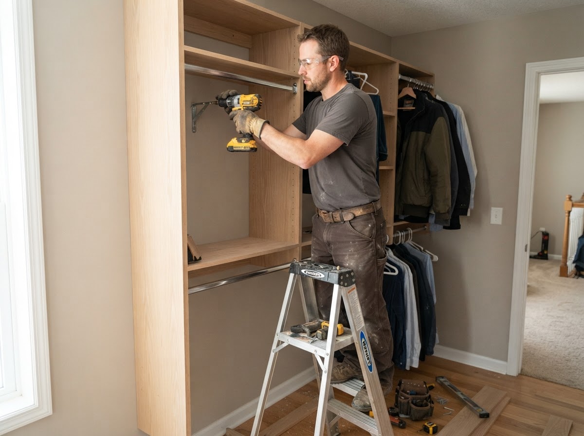 Tradesman installing closet shelving with no brand logos on uniform