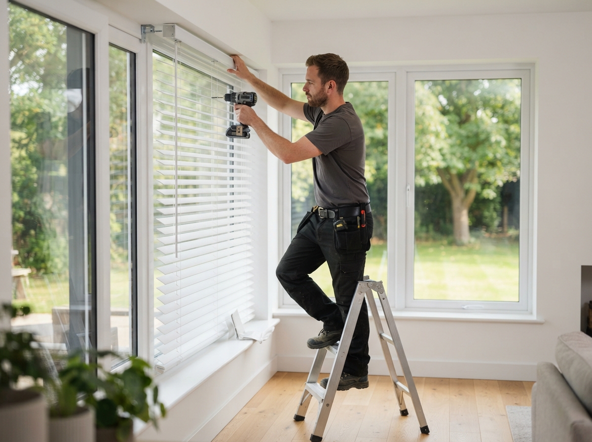 Tradesman installing window blinds with no brand logos on uniform
