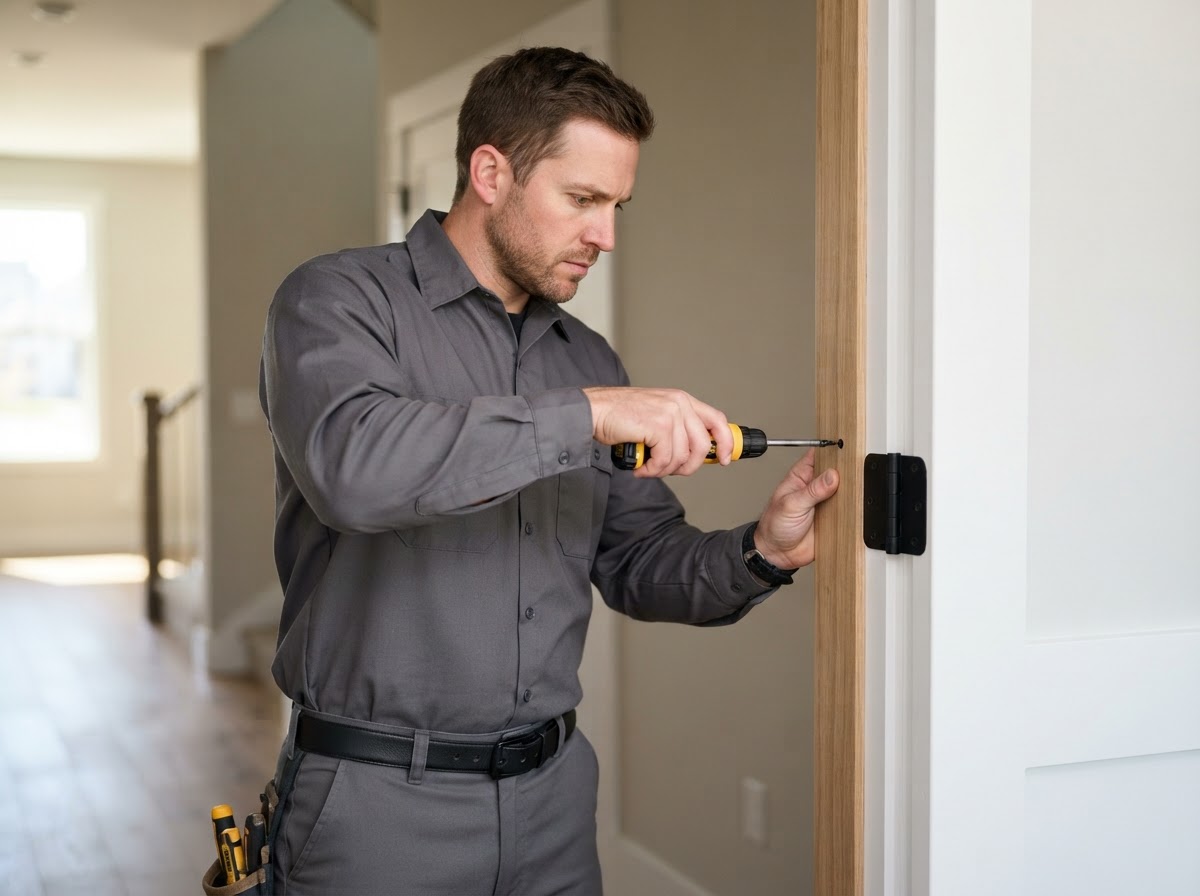 Standing tradesman installing an interior door with no brand logos on uniform