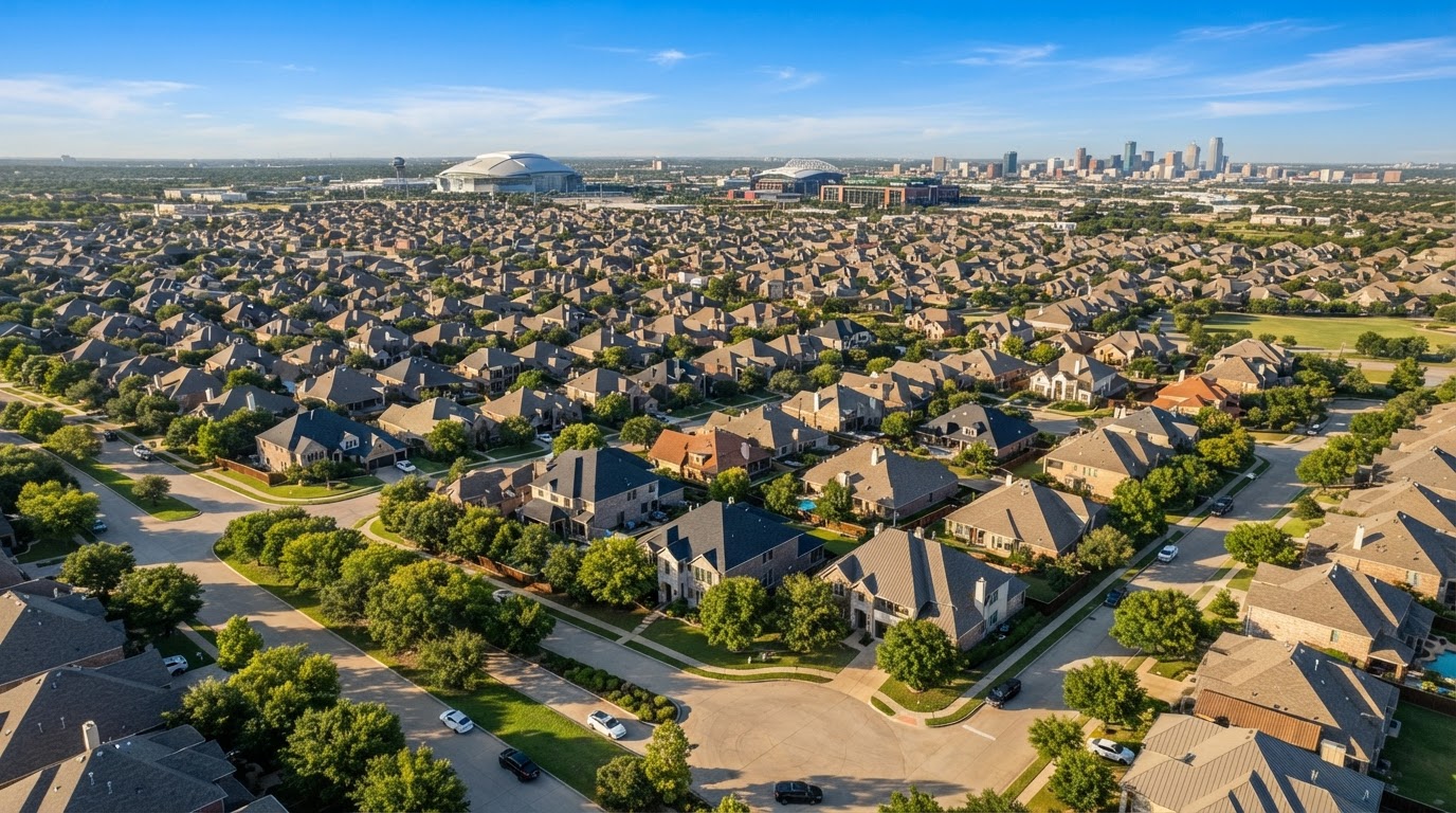 Arlington Texas skyline and rooftops