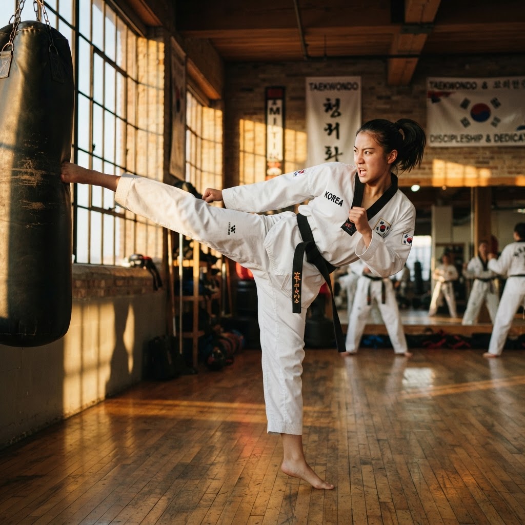 Taekwondoka ejecutando una patada lateral con dobok blanco en la academia Uruz Martial Arts