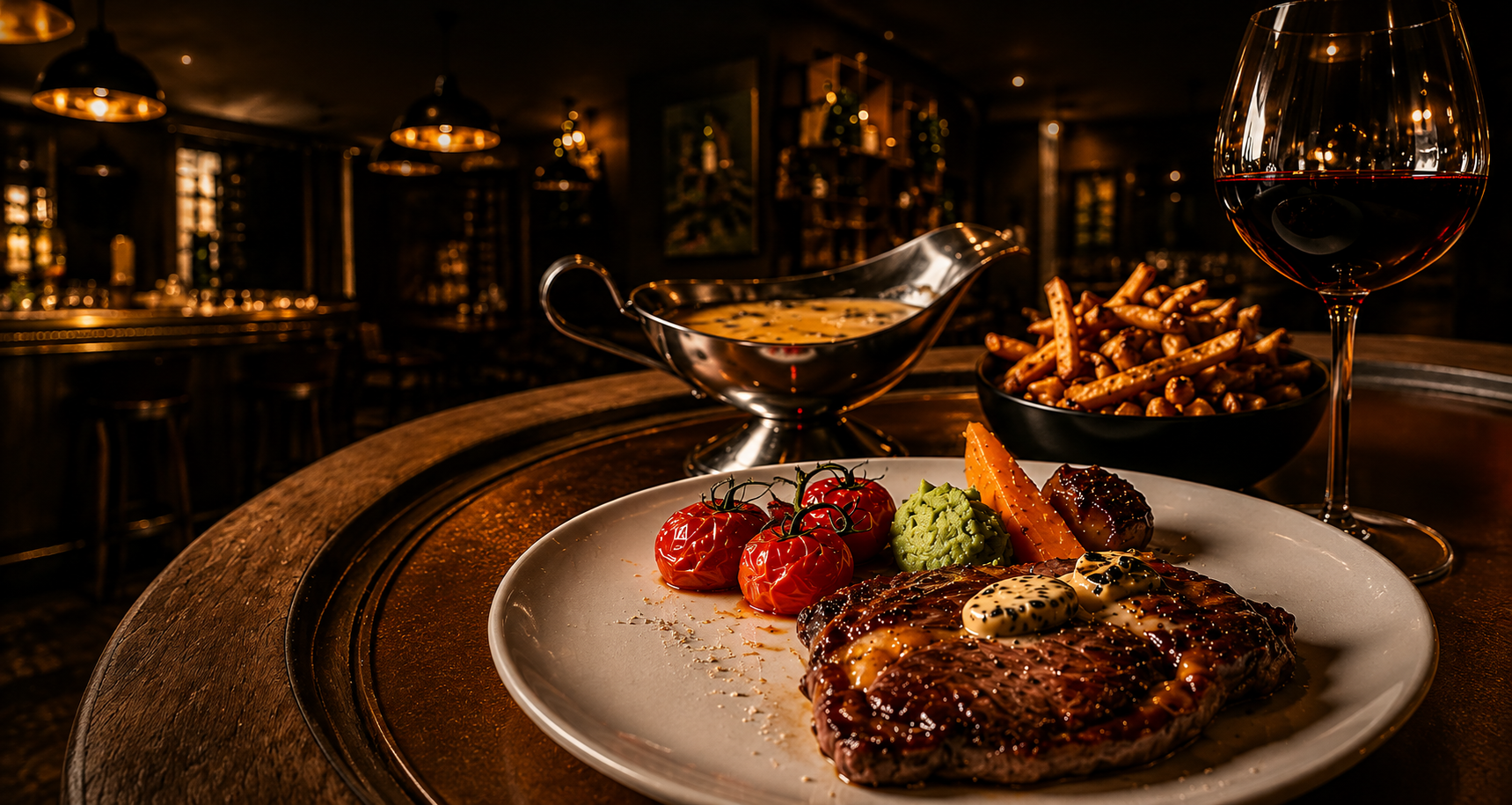 Bar Restaurant Numéro 9 — Plat de bœuf avec vin rouge et frites