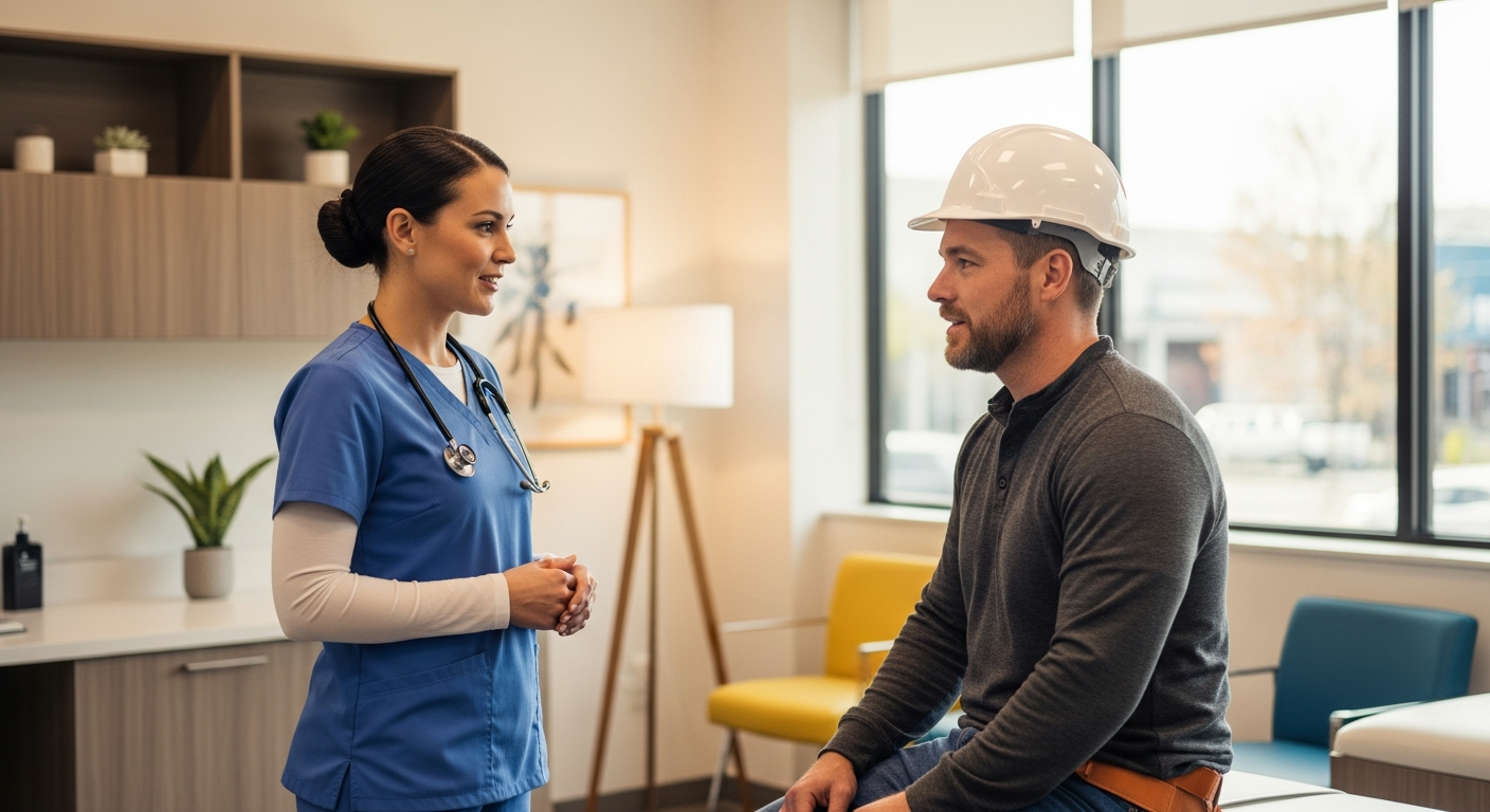 Medical professional consulting with construction worker