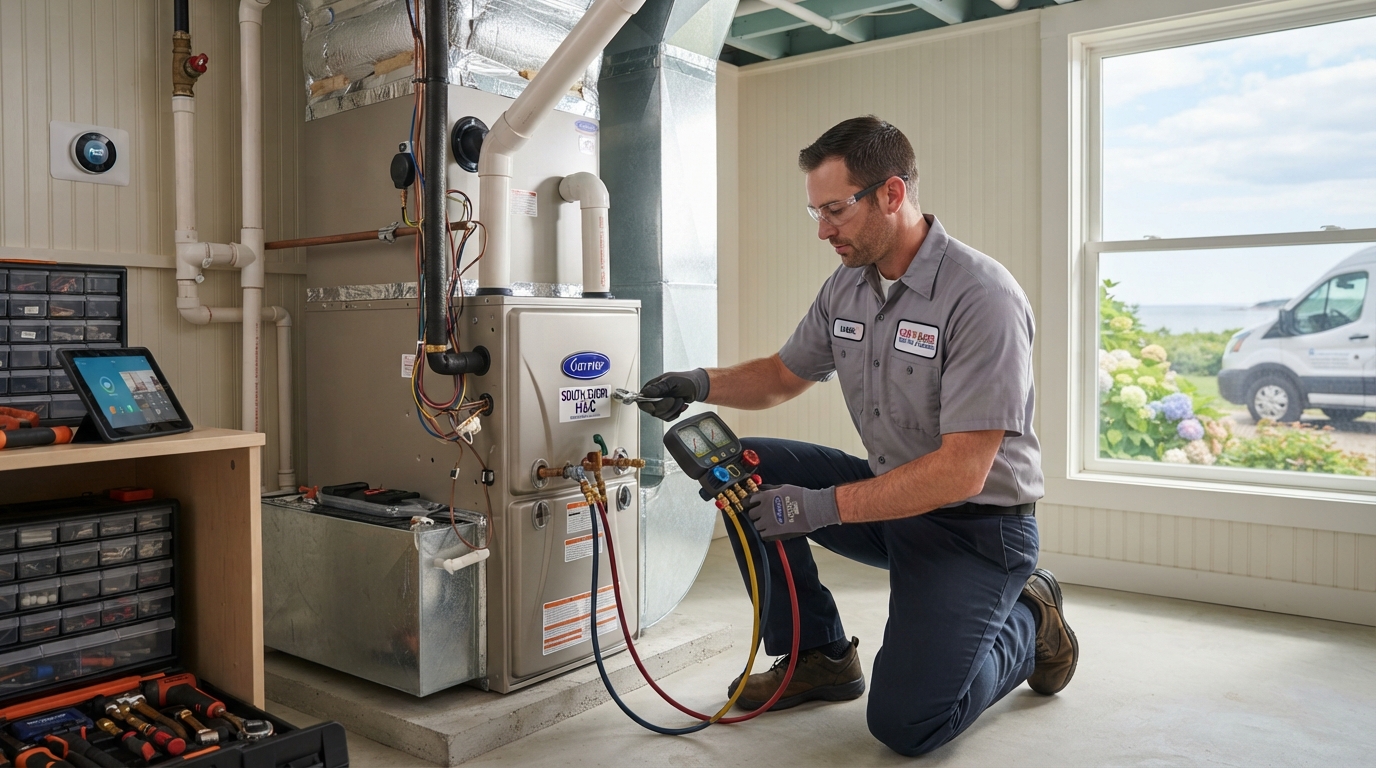 Ocean Aire HVAC Technician Servicing Equipment in Weymouth MA
