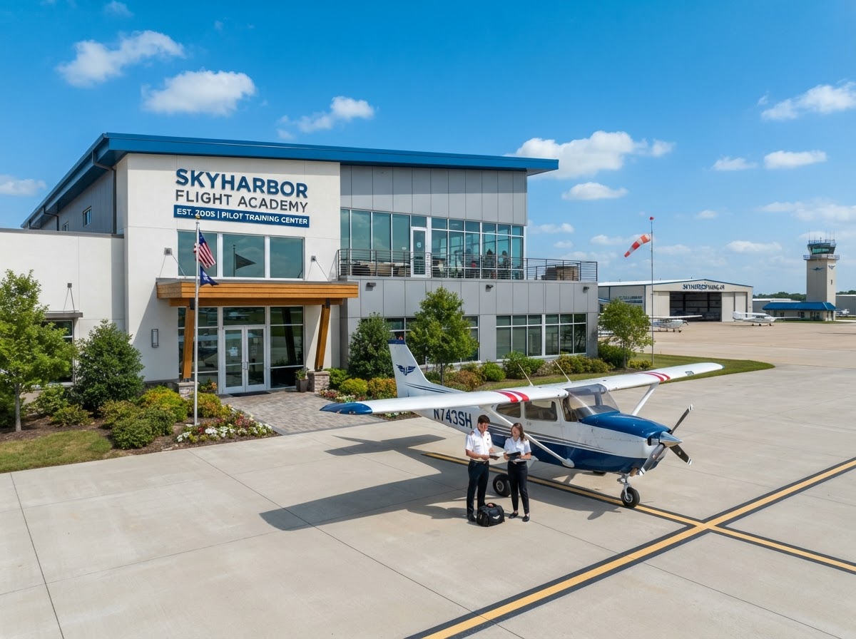 Modern flight school building exterior with a training aircraft parked outside