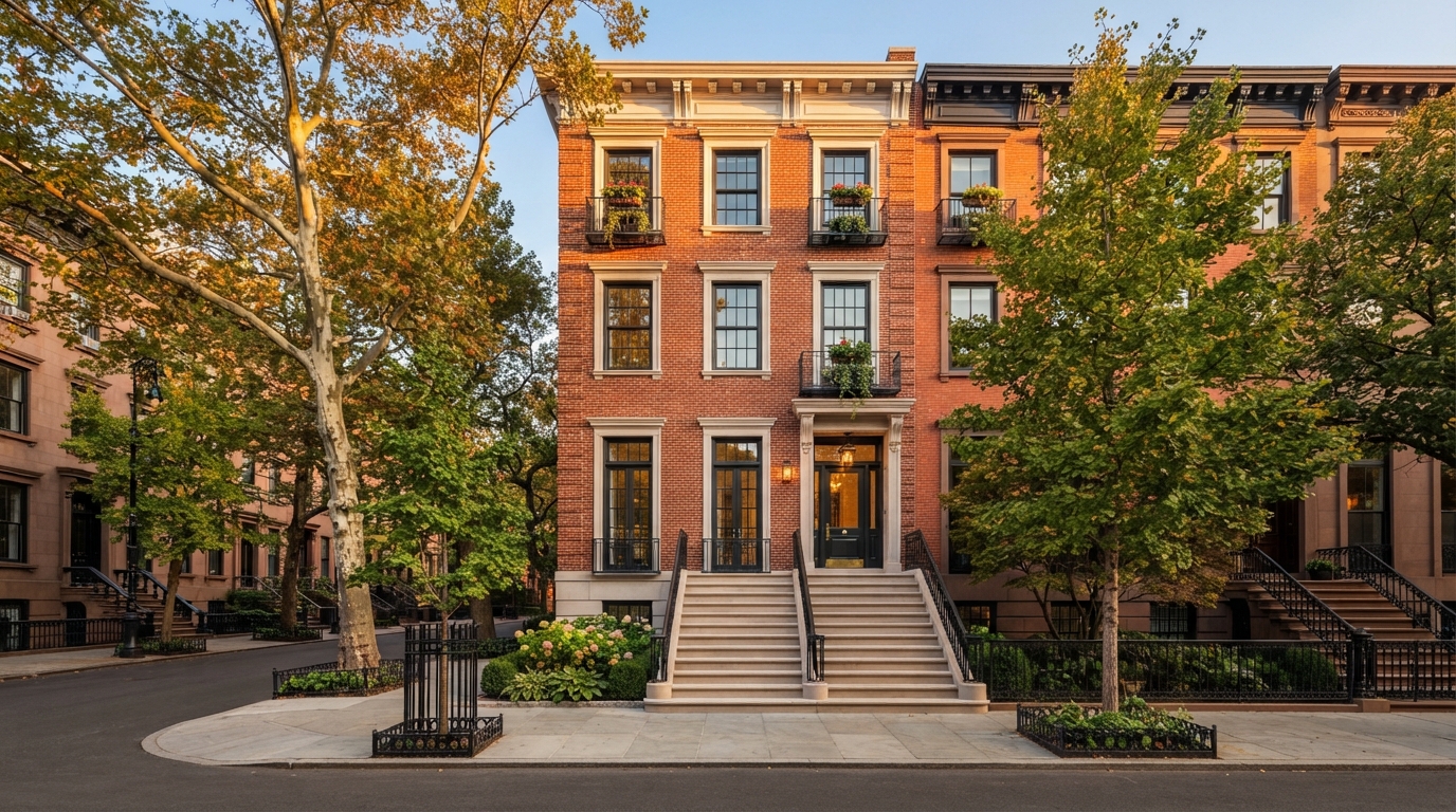 Renovated New York brownstone with restored brick facade and stonework by Yameen Construction