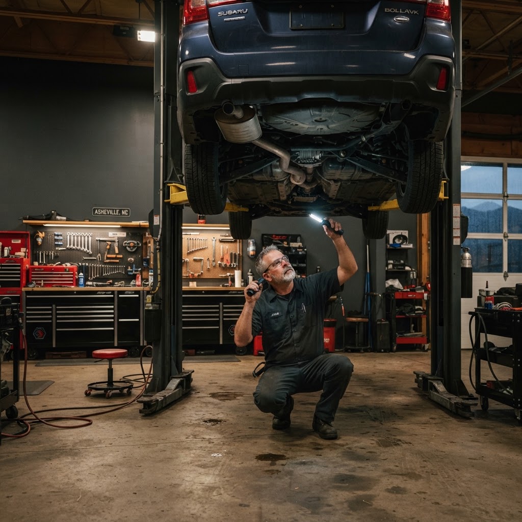 Technician inspecting a vehicle on a lift inside the Underwoods Automotive shop in Asheville, NC