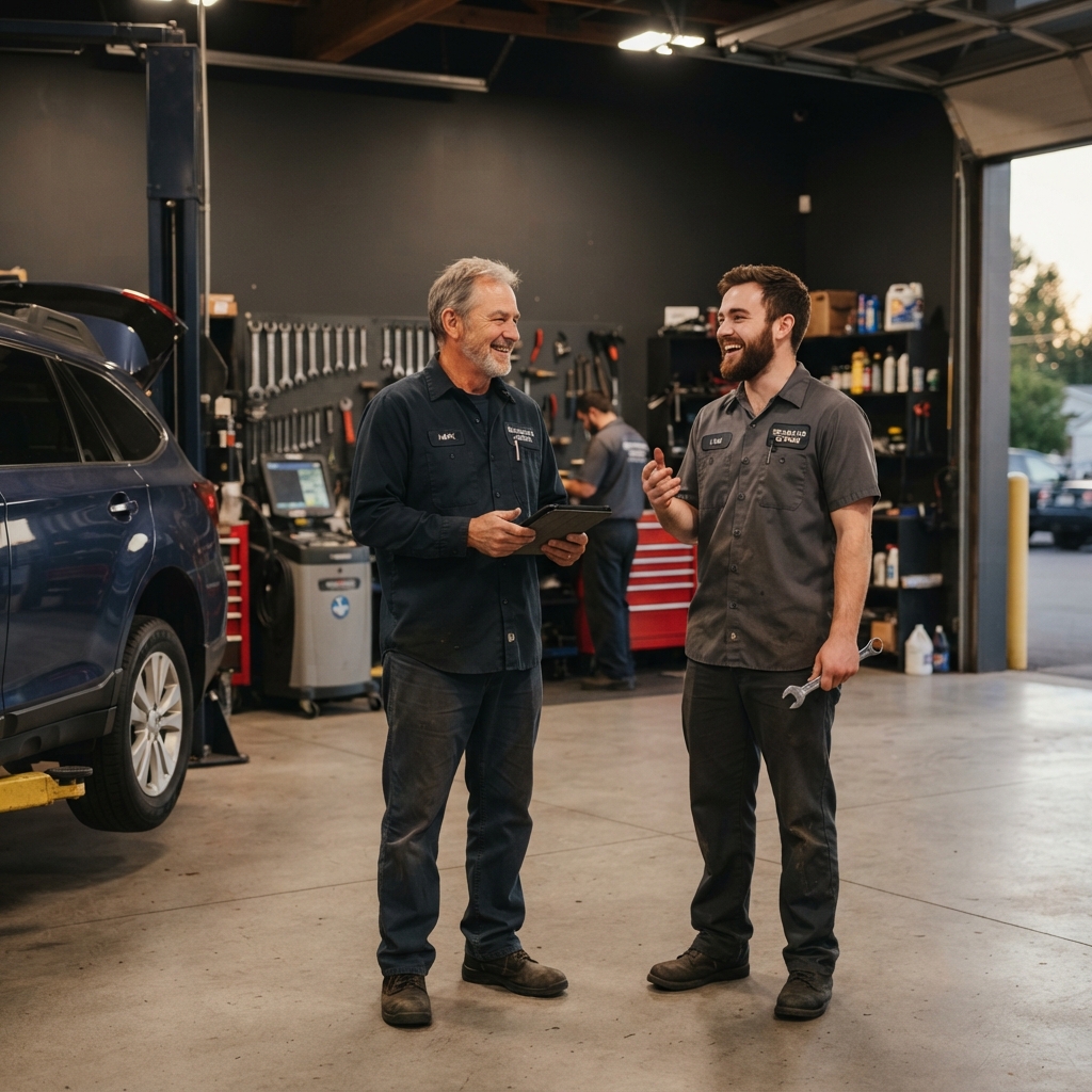 The owner and a technician standing together in the Underwoods Automotive workshop
