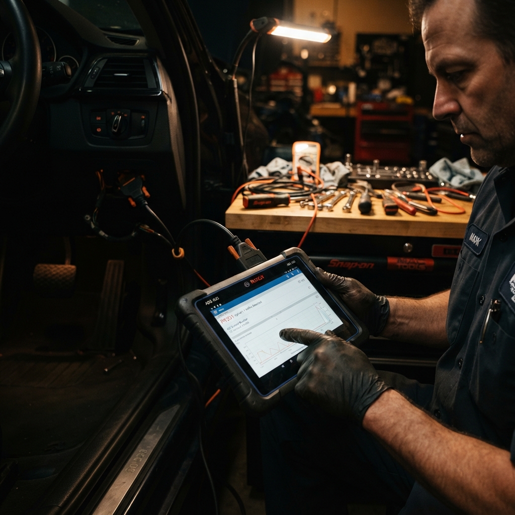 Technician using a diagnostic tablet connected to a vehicle to find the cause of a concern