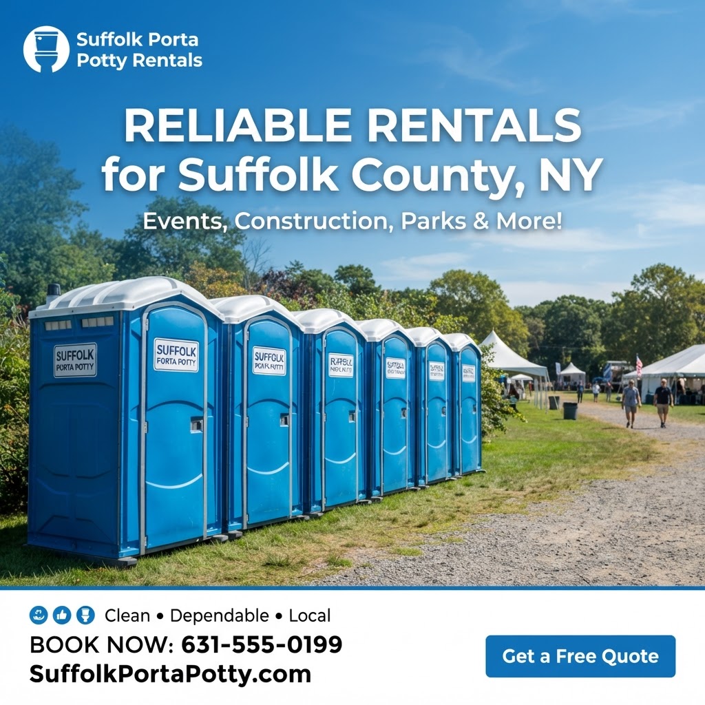 Multiple portable toilets arranged at an outdoor event site on Long Island, NY