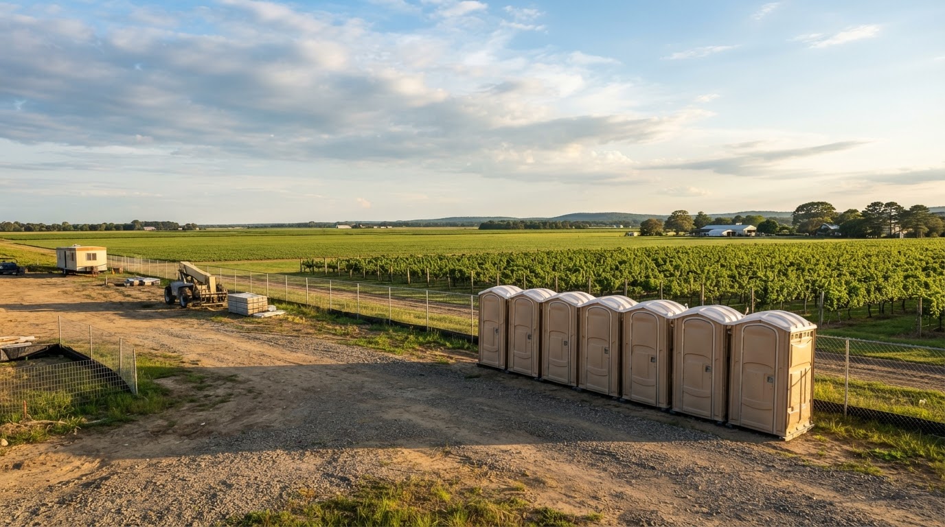 Row of clean portable toilets arranged at an outdoor site in Riverhead, NY