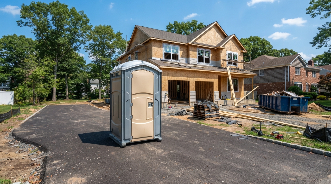 Standard portable toilet placed on a paved driveway at a residential construction site on Long Island, NY