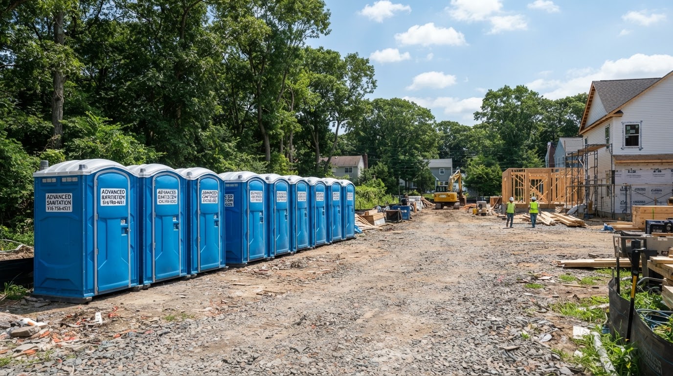 Row of clean blue portable toilets arranged at an outdoor site on Long Island, NY