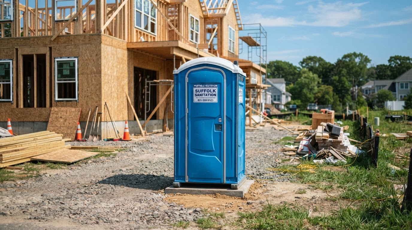 Clean standard portable toilet positioned on firm level ground at a construction job site on Long Island, NY