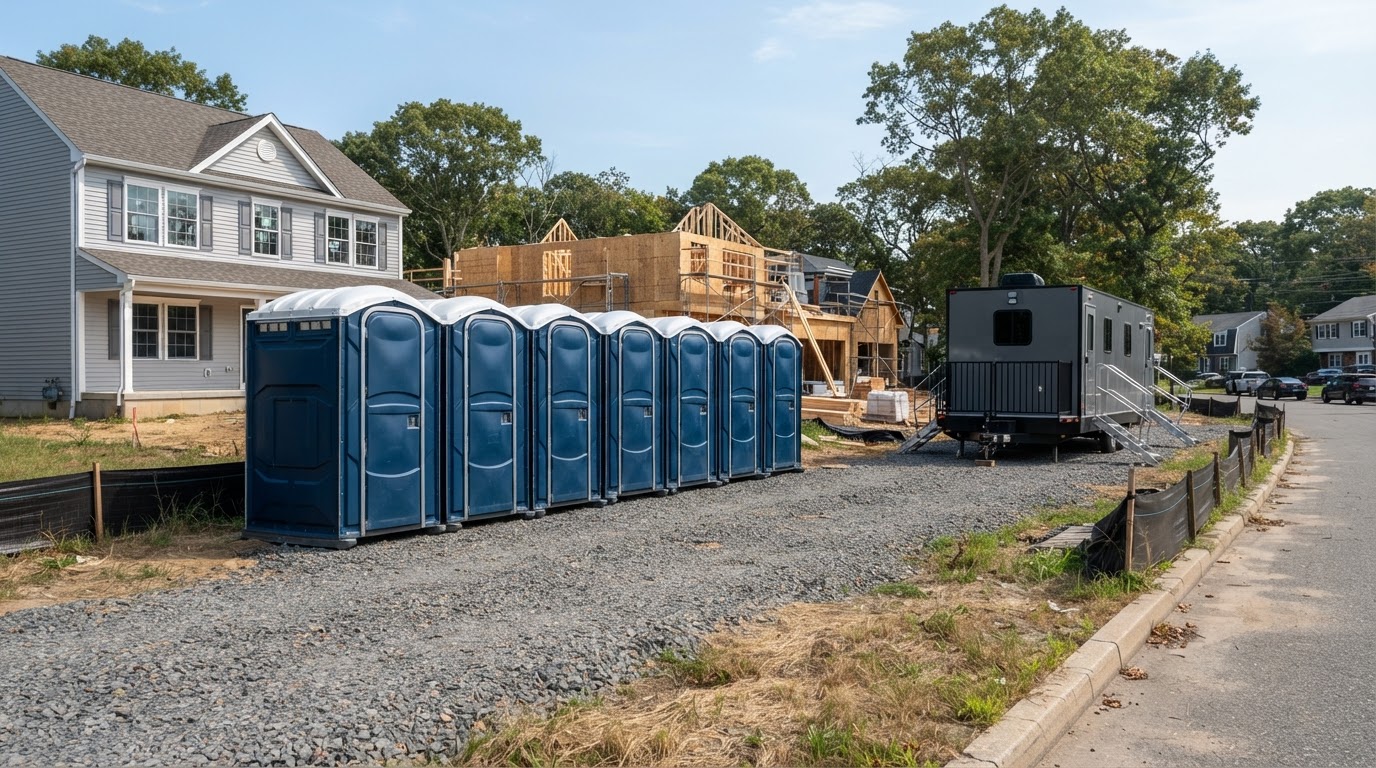 Row of clean portable toilets arranged at an outdoor site in Nassau County, NY
