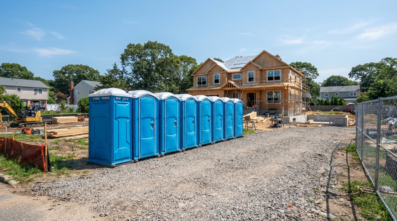Row of clean blue portable toilets arranged at an outdoor site on Long Island, NY