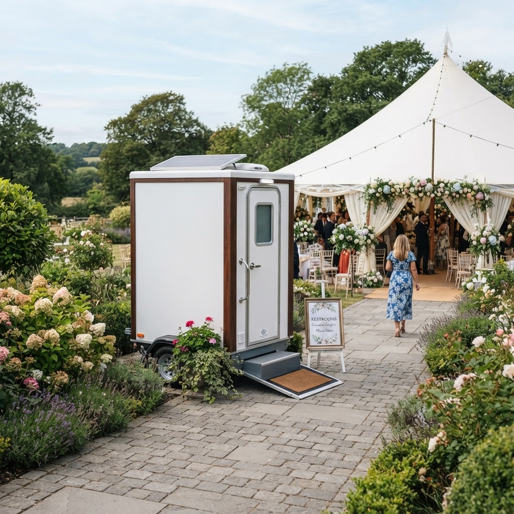 Clean deluxe portable toilet exterior at an outdoor wedding venue on firm level paved ground