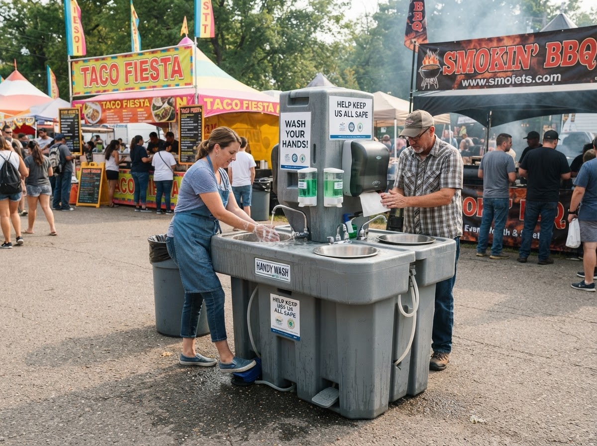 Portable handwashing station with two sink positions, foot pumps, soap dispensers and paper towels near outdoor food vendor booths