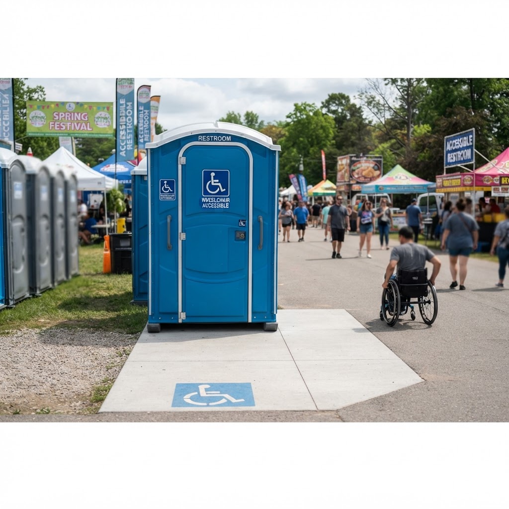 Large wheelchair-accessible portable toilet positioned at an outdoor event on level ground with a clear path