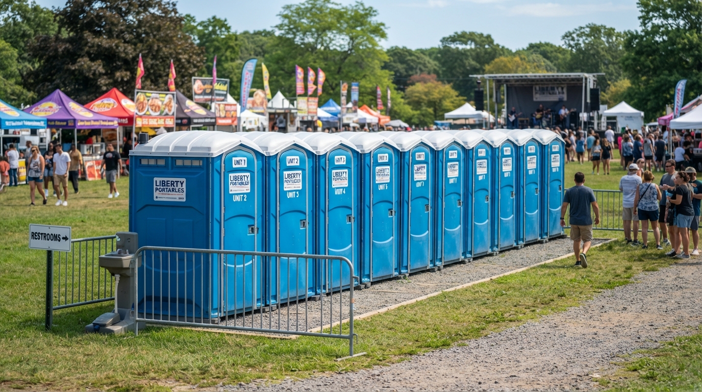 Multiple standard portable toilets arranged neatly at an outdoor community festival on Long Island