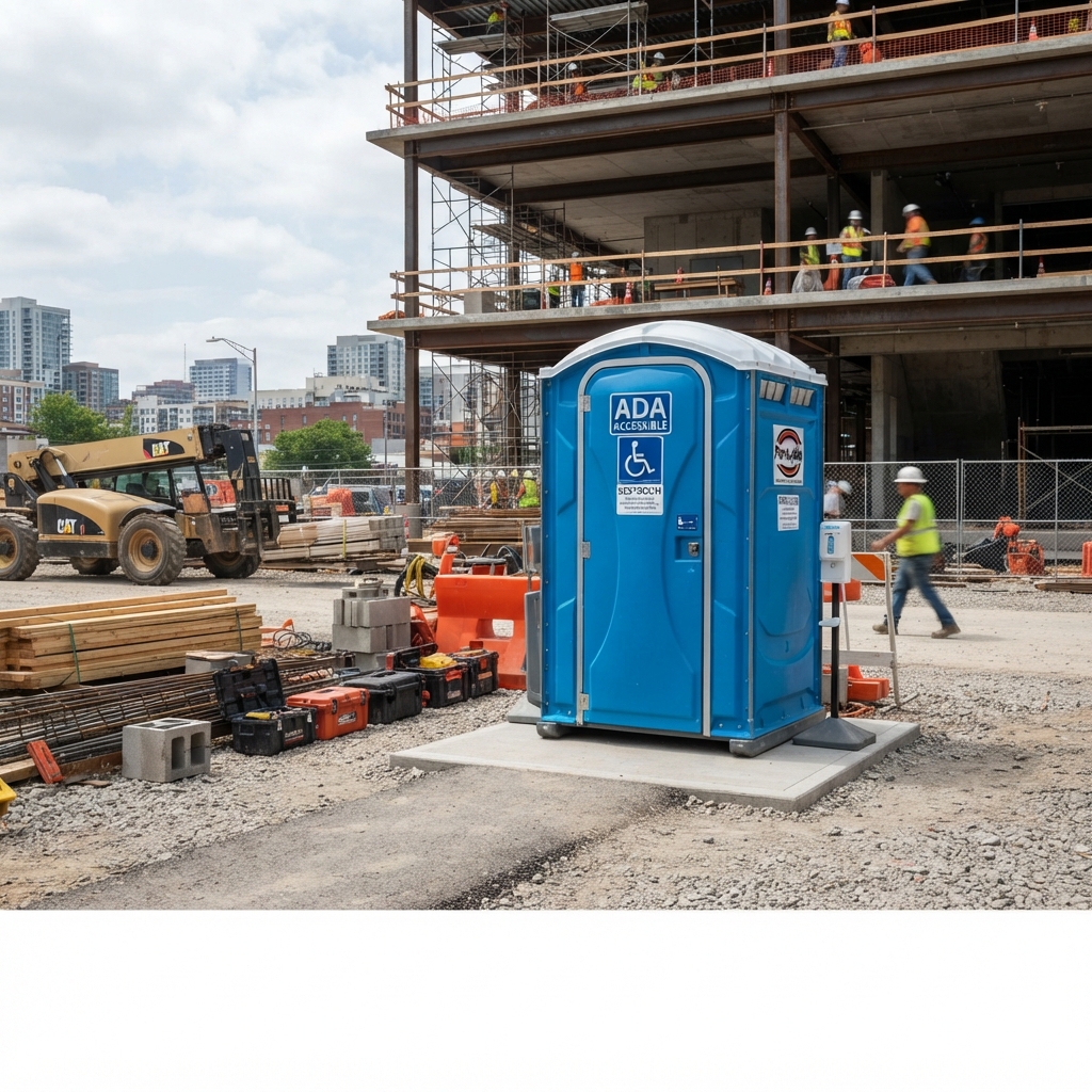 ADA-accessible portable toilet placed at an active construction site on firm level ground