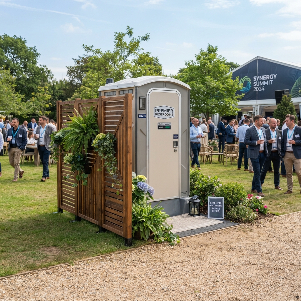 Upgraded deluxe portable toilet placed at a private outdoor corporate event on firm level ground, screened behind a decorative fence panel