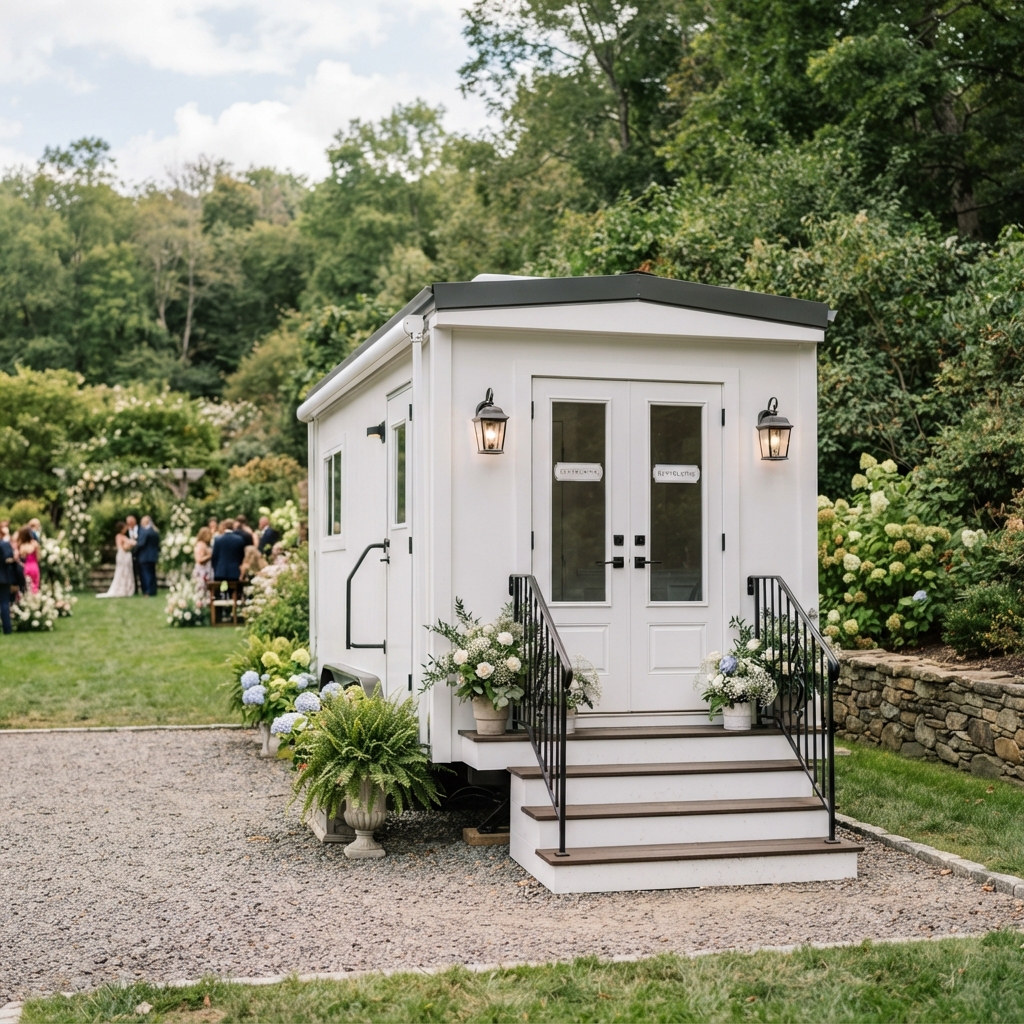 Modern white restroom trailer at an outdoor wedding venue on Long Island