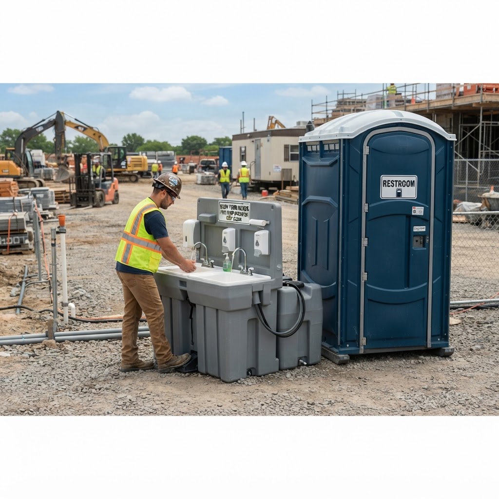 Portable handwashing station with foot pump sinks beside a portable toilet at a long-term outdoor work site