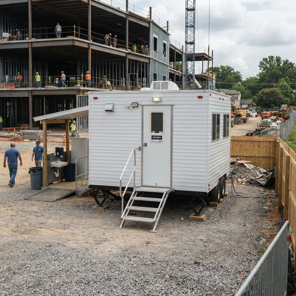 Restroom trailer placed at a commercial construction site on firm level ground