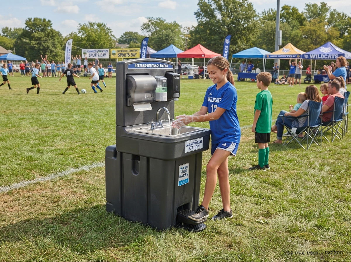 Portable handwashing station with foot pump sink and soap dispenser placed at a school sports field outdoor event