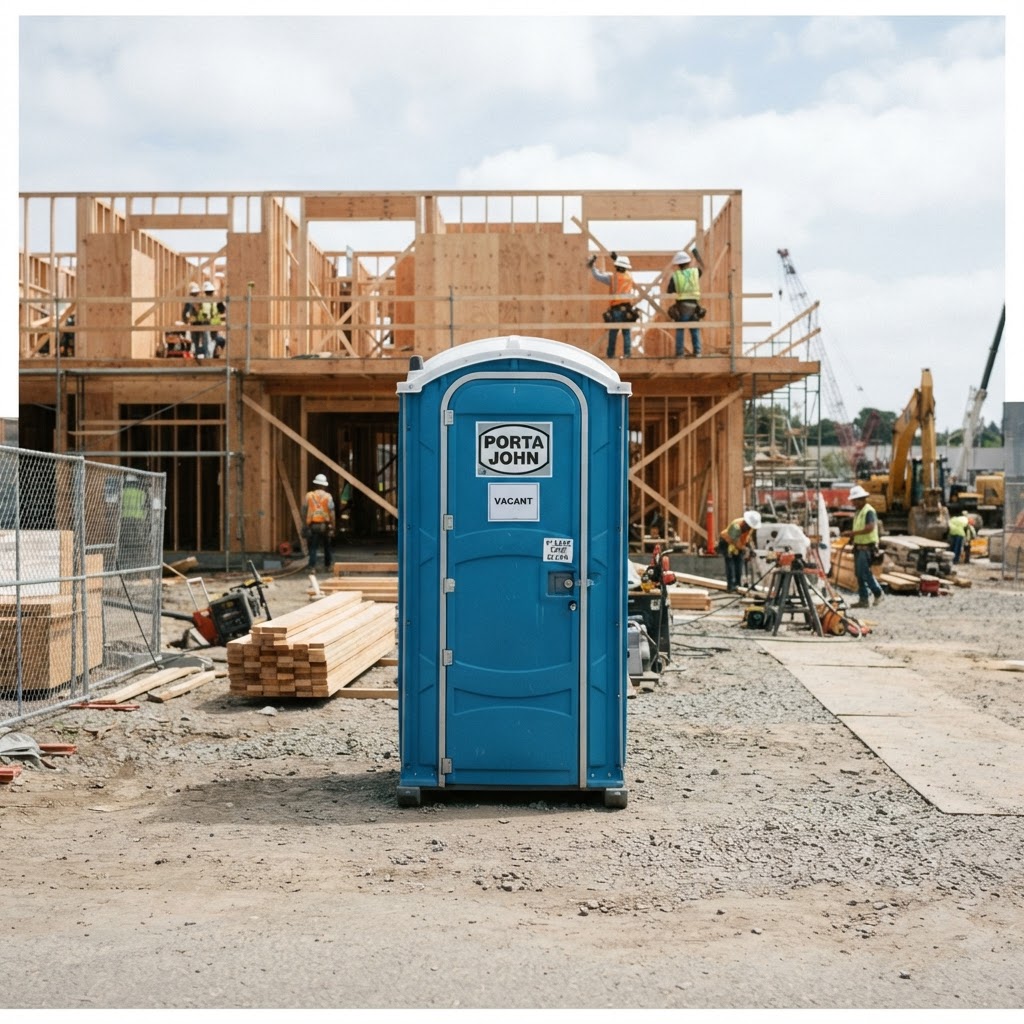 Clean standard portable toilet placed at a long-term construction site on firm level ground