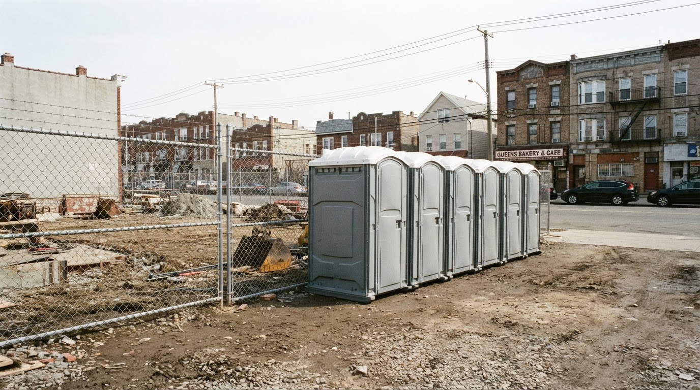 Row of clean portable toilets arranged at an outdoor site in Queens, NY