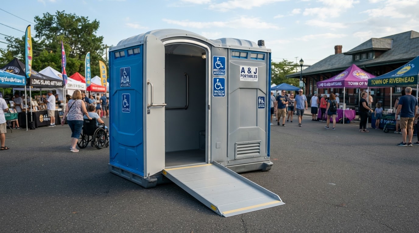 ADA-accessible portable toilet with wider door and ramp on a level paved surface at a Long Island community event