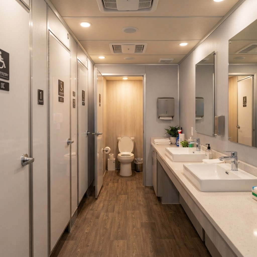 Bright interior of a portable restroom trailer with flushing toilets, running-water sinks, mirrors and vanity counters